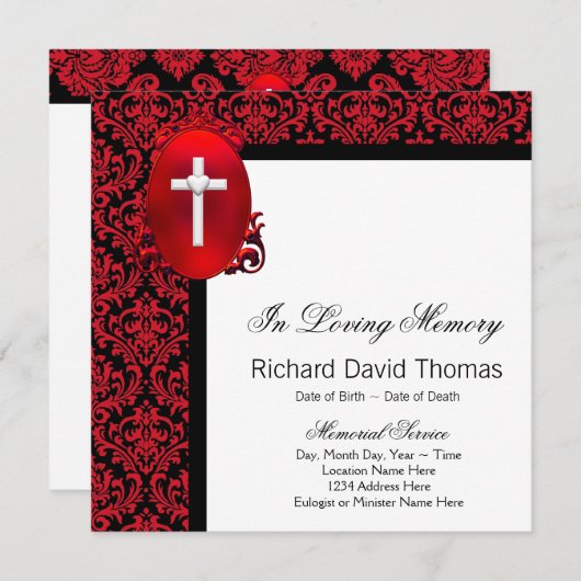 Faire-part Croix Rouge Noir Damas En Mémoire D'Amour (Devant / Derrière)