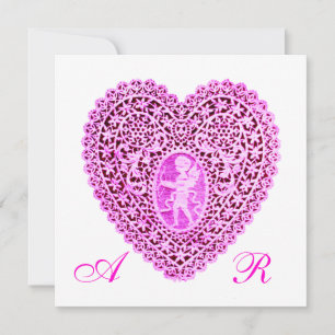 Faire-part CUPID LACE COEUR MONOGRAMME, rose fuchsia