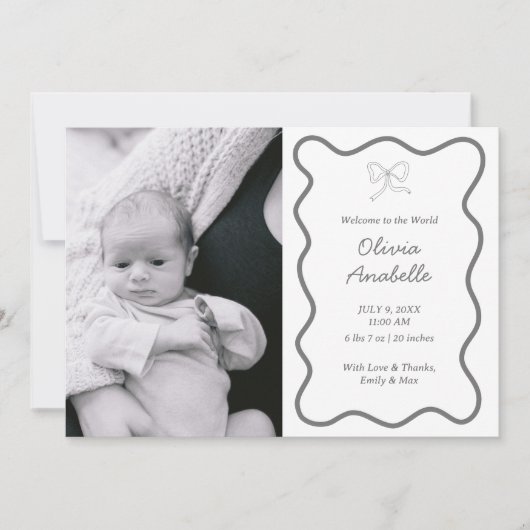 Faire-part Custom Dark Grey Bow Wavy Boho Collage bébé naissa (Devant)