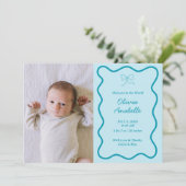 Faire-part Custom Light Blue Bow Wavy Boho Collage bébé naiss (Debout devant)