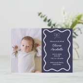 Faire-part Custom Navy Blue Bow Wavy Boho Collage bébé naissa (Debout devant)