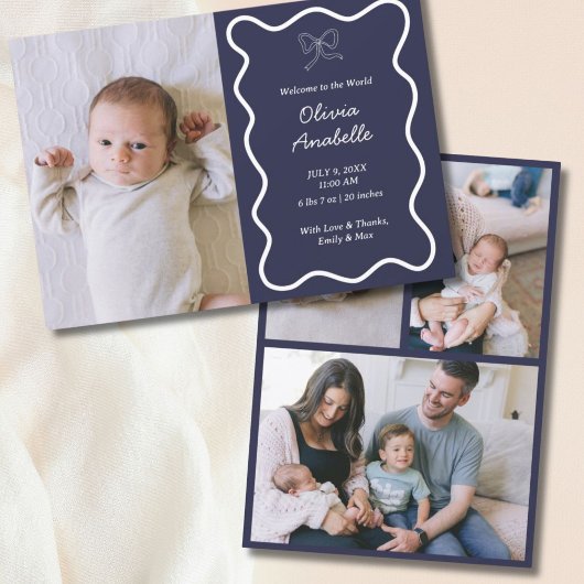 Faire-part Custom Navy Blue Bow Wavy Boho Collage bébé naissa