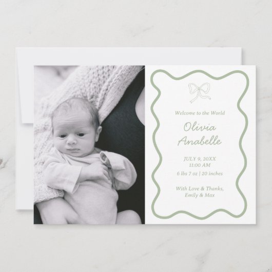 Faire-part Custom Sage Green Bow Wavy Boho Collage bébé naiss (Devant)