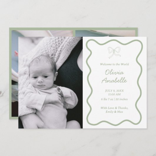 Faire-part Custom Sage Green Bow Wavy Boho Collage bébé naiss (Devant / Derrière)