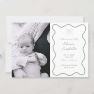 Faire-part Custom Sage Green Bow Wavy Boho Collage bébé naiss