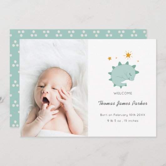 Faire-part Cute Blue Dinosaur Garçon Photo bébé naissance (Devant / Derrière)