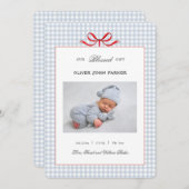 Faire-part Cute Blue en vichy bébé garçon Fête Naissance (Devant / Derrière)