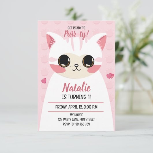 Faire-part Cute cat first birthday (Debout devant)