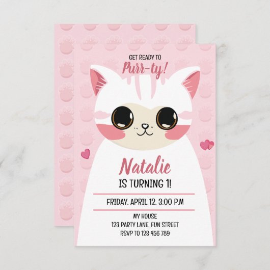 Faire-part Cute cat first birthday  (Devant / Derrière)