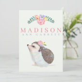 Faire-part Cute Hedgehog rose bébé fille photo naissance (Debout devant)