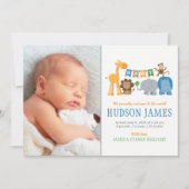 Faire-part Cute Jungle Animaux Bébé Garçon Photo Bleu Naissan (Devant)