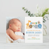 Faire-part Cute Jungle Animaux Bébé Garçon Photo Bleu Naissan (Debout devant)