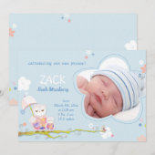 Faire-part Cute Owls Blue Baby Boy Photo Naissance (Devant / Derrière)