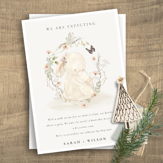 Faire-part Cute Pastel Baby Mum Bunny Floral Wreath Baby