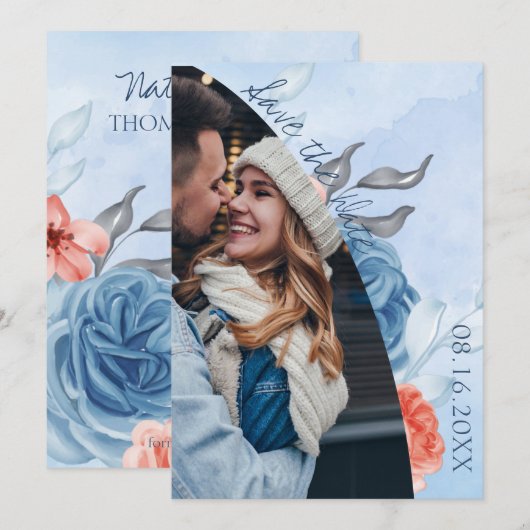 Faire-part Cute Peach Blue Floral Photo Wedding Enregistrer L (Devant / Derrière)