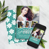 Faire-part Cute Retro Turquoise Floral Graduation Photo Colla