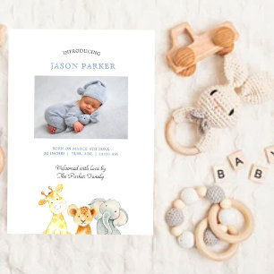 Faire-part Cute watercolor animaux Baby Boy Photo naissance