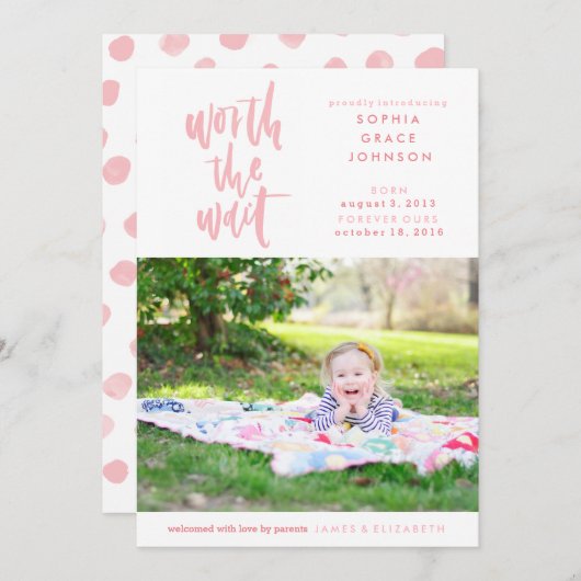 Faire-part d'adoption | Ça vaut la peine d'attendr (Devant / Derrière)