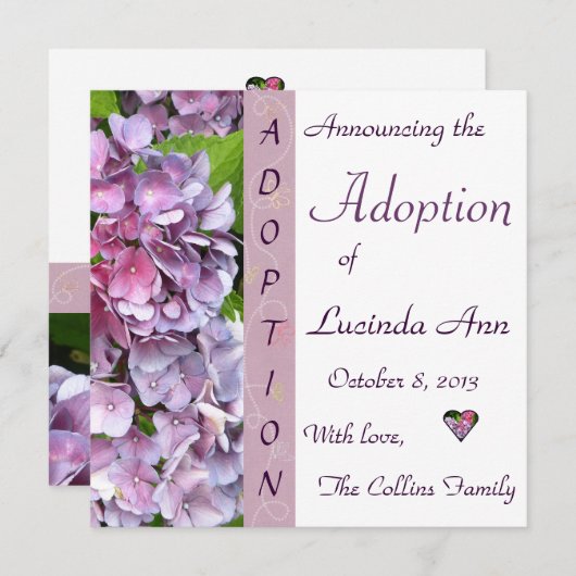 Faire-part d'adoption d'Hydrangea violet (Devant / Derrière)
