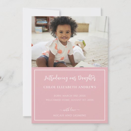 Faire-part d'adoption en bande rose et blanche (Devant)