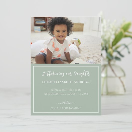 Faire-part d'adoption Sage vert et blanc bande (Debout devant)