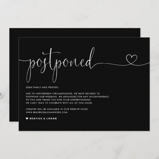 Faire-part Dainty Script Black Mariage Postponction (Devant / Derrière)