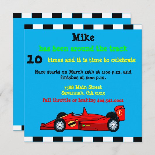 Faire-part d'anniversaire de la voiture de course (Devant / Derrière)