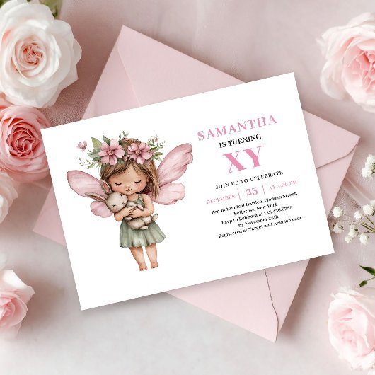 Faire-part d'anniversaire Rose Pâle Fille Fée Capr
