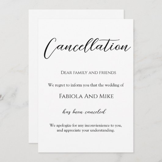Faire-part d'annulation de mariage calligraphie mi (Devant / Derrière)