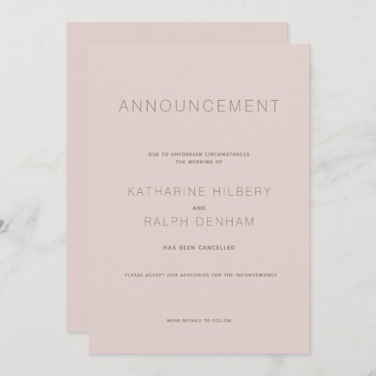 Faire-part d'annulation de Mariage rose moderne (Devant / Derrière)