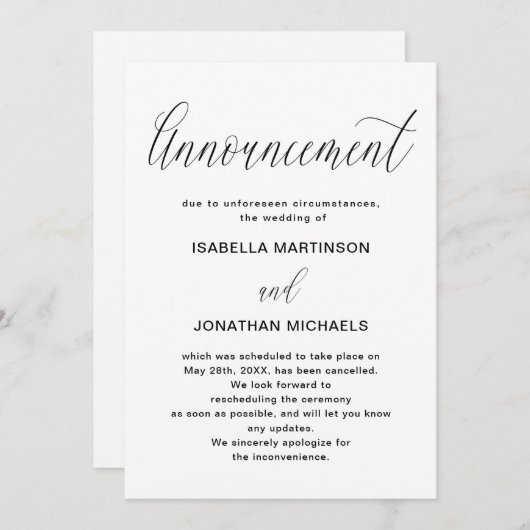 Faire-part d'annulation Mariage simple (Devant / Derrière)