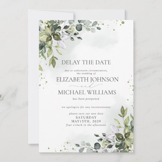 Faire-part Date de mariage reportée aquarelle eucalyptus (Devant)