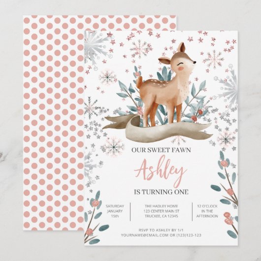 Faire-part de 1er anniversaire Blush Winter Cute D (Devant / Derrière)