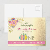 Faire-part de 1er anniversaire Citrouille rose et  (Devant / Derrière)