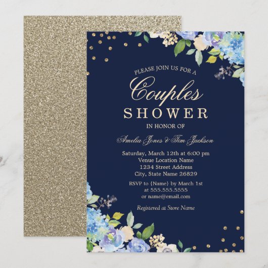 Faire-part de babille de couples Floral Bleu Or (Devant / Derrière)