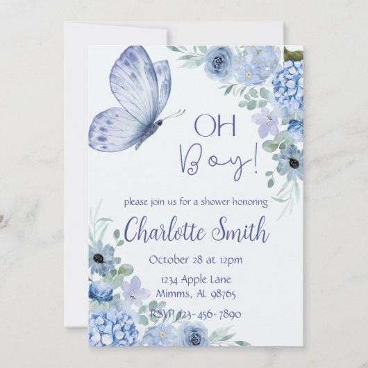 Faire-part de Baby Shower à l'aquarelle bleue (Devant)