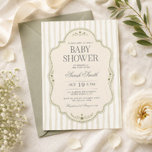 Faire-part de Baby Shower à rayures vert sauge