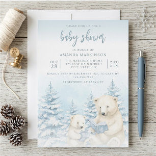 Faire-part de Baby Shower aquarelle ours polaire b