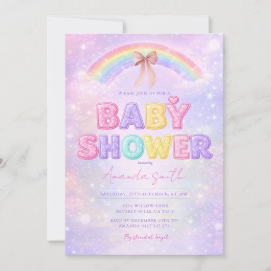 Faire-part de baby shower arc-en-ciel avec paillet (Devant)