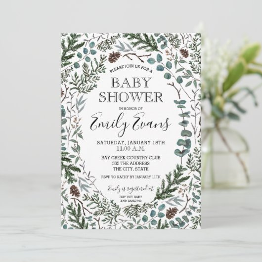Faire-part de Baby Shower au thème Pin et Eucalypt (Debout devant)