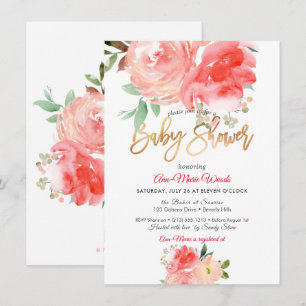 Faire-part de baby shower aux pivoines corail aqua