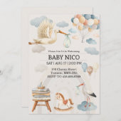 Faire-part de Baby Shower avec une cigogne aquarel (Devant / Derrière)