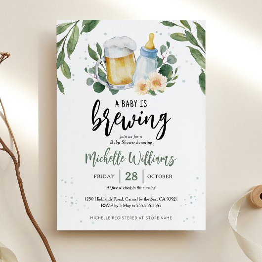 Faire-Part de Baby Shower Baby Is Brewing Greenery