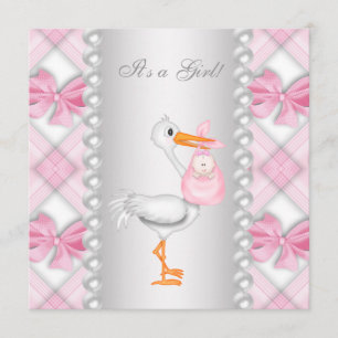 Faire-part de Baby Shower Bébé Fille Rose cigogne