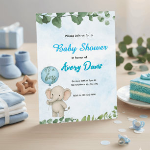 Faire-part de Baby Shower Bleu Éléphant C'est un G