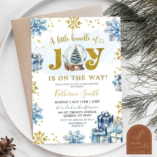 Faire-part de Baby Shower Bleu Hiver Boule à Neige