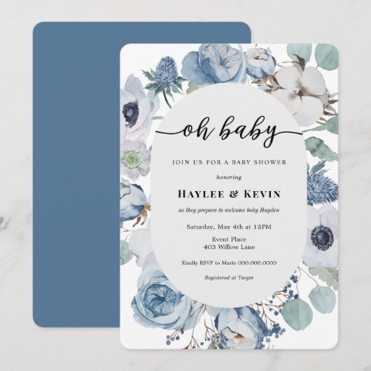 Faire-part de Baby Shower Bleu Poussiéreux Floral (Devant / Derrière)