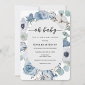 Faire-part de Baby Shower Bleu Poussiéreux Floral (Devant)
