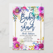Faire-part de Baby Shower Bleu Script Bold Floral (Devant)