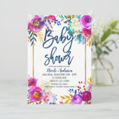 Faire-part de Baby Shower Bleu Script Bold Floral (Debout devant)